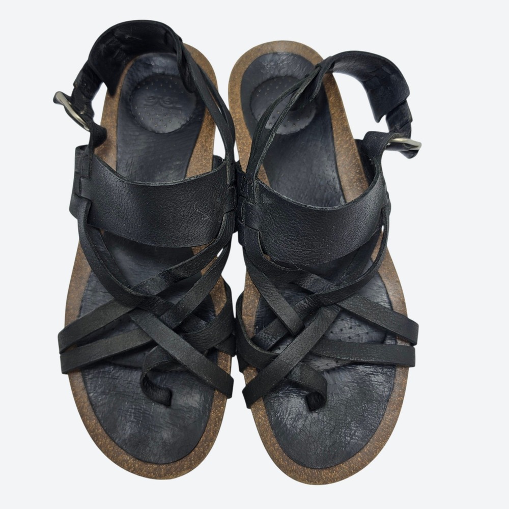 Teva Boho Gorpcore Leather Strappy Toe Loop Cork Wedge Sandals 8 Black